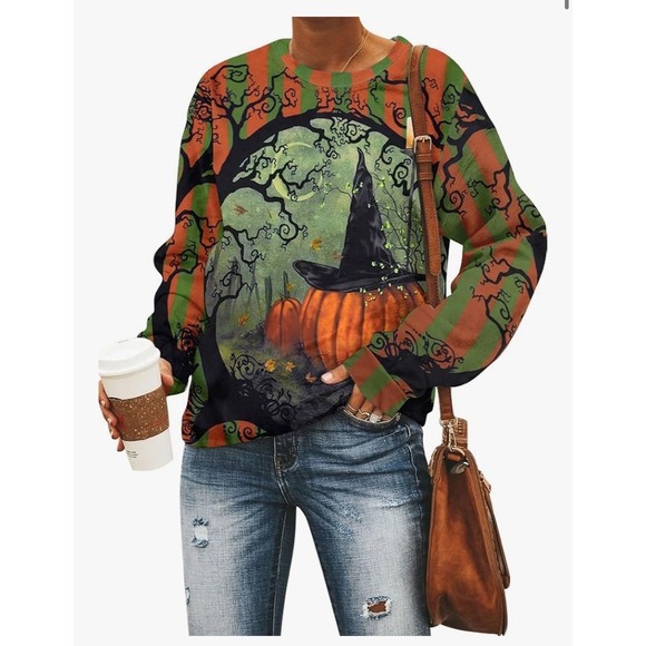 Tops - Womens Halloween‎ Pumpkin Witch Hat Sweatshirt Graphic Print Top L